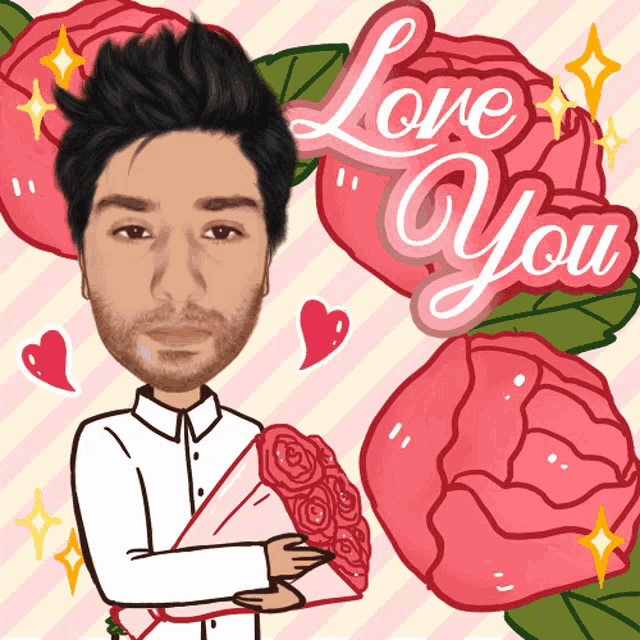 a cartoon of a man holding a bouquet of roses with the words " love you " above him