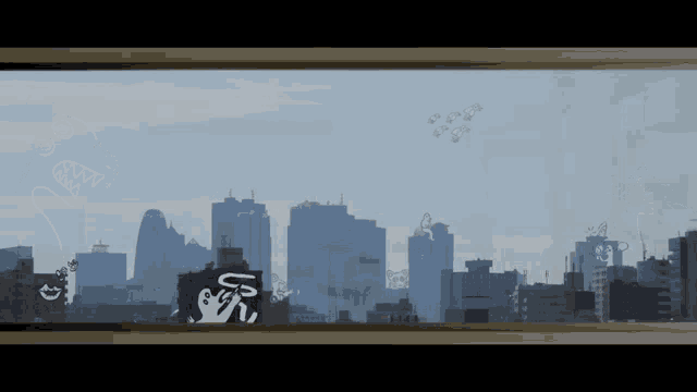 a view of a city skyline with a drawing of a man smoking a cigarette
