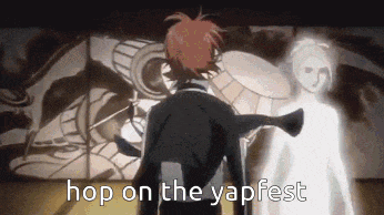 a man in a suit is standing in front of a painting with the words hop on the yapfest on the bottom .