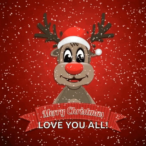 a christmas card with a reindeer wearing a santa hat