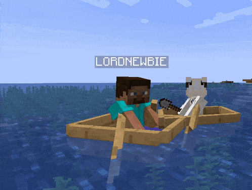two minecraft characters in a boat with the name lordnewbie on the bottom