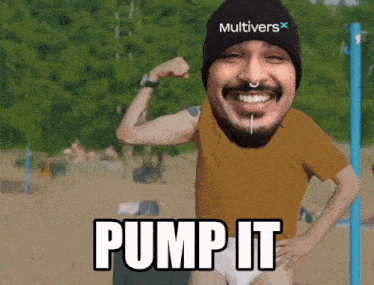 a man with a beanie that says multivers flexes his arm