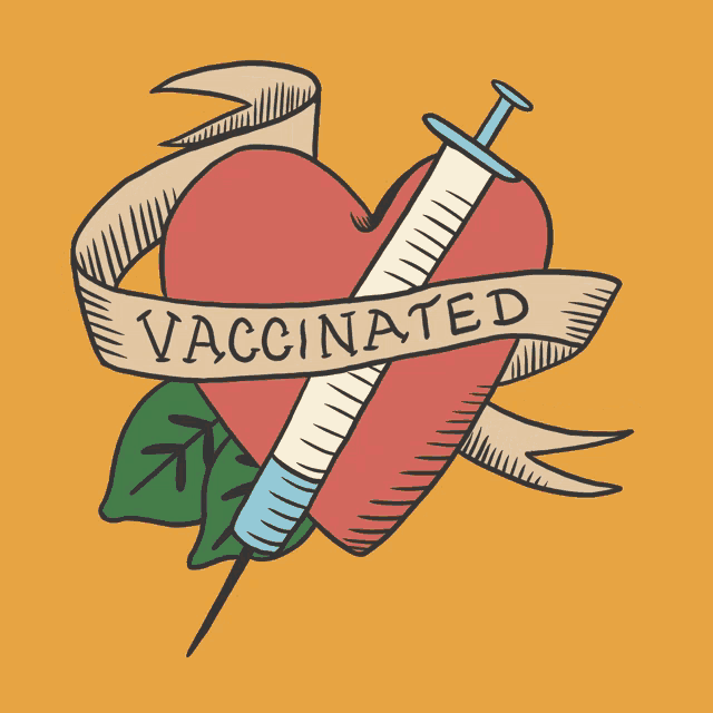 a drawing of a heart with a syringe in it and a ribbon that says vaccinated