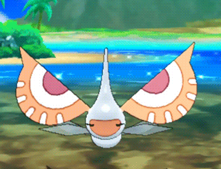 a cartoon drawing of a bird with wings spread in front of a body of water