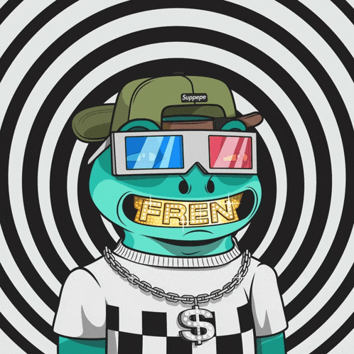 a frog wearing a supreme hat and 3d glasses has fren in his mouth