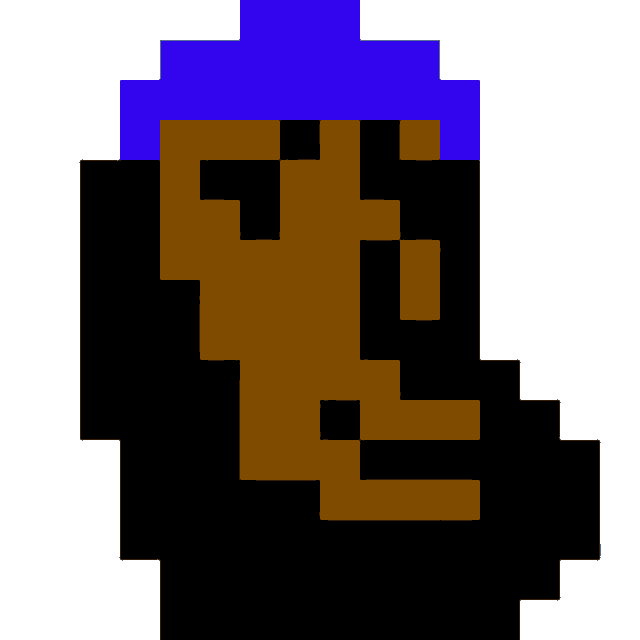 a pixel art drawing of a person wearing a blue hat with a red heart in his mouth .