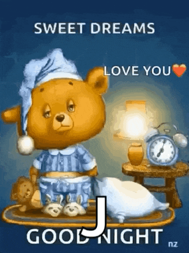 a teddy bear in pajamas is sitting on a tray with a cup of coffee and a clock .