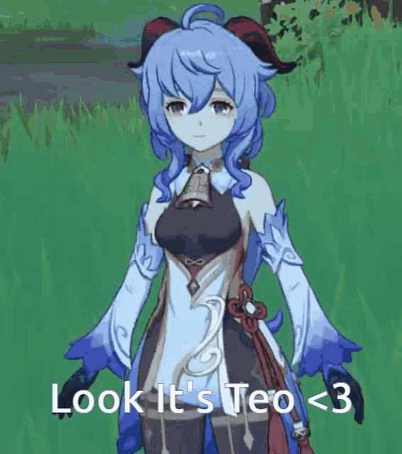 a girl in a blue dress is standing in the grass and says look it 's teo < 3 .