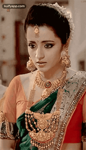a woman in a sari and gold jewelry is looking at the camera with a surprised look on her face .