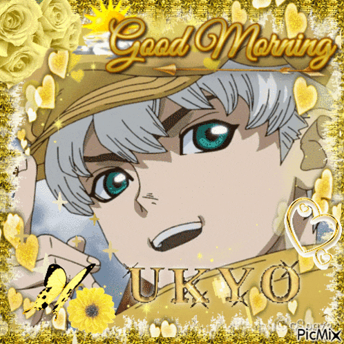 a picture of a boy with the words good morning ukyo
