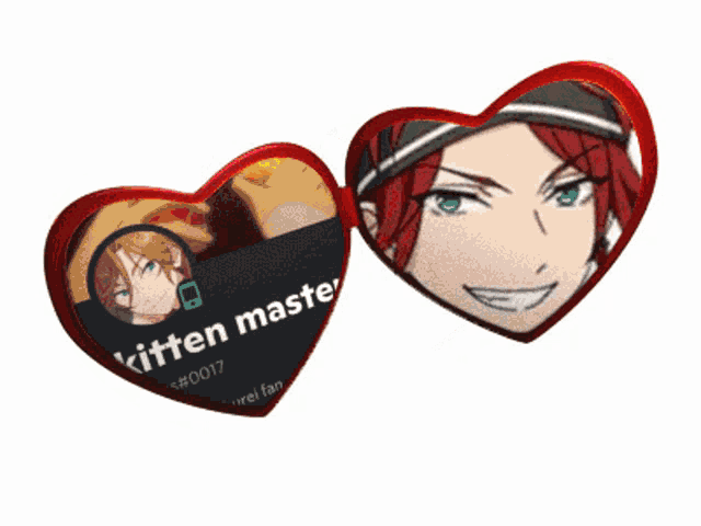 a heart shaped pin with a picture of a man and the name kitten master
