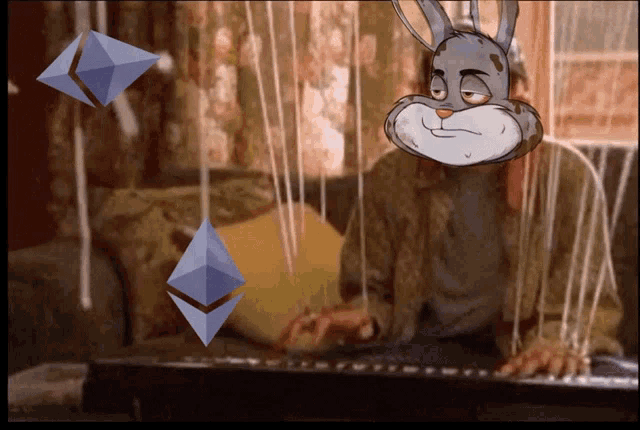 a cartoon of a man playing a keyboard with a bunny on his face