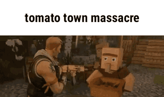 a man is holding a gun next to another man in a video game called tomato town massacre