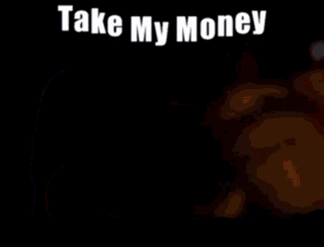 a man and a woman are standing next to each other with the words take my money written above them