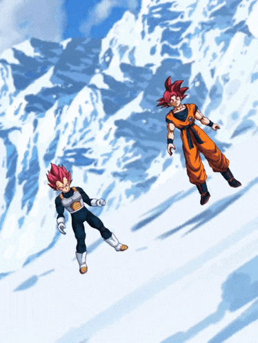 a cartoon of goku and vegeta flying over a snowy mountain