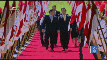 a group of men are walking on a red carpet with a sign that says ' senado '