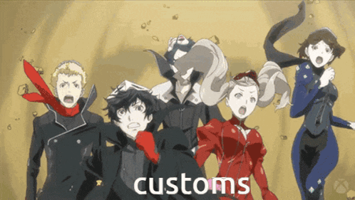 a group of anime characters standing next to each other with the word customs below them