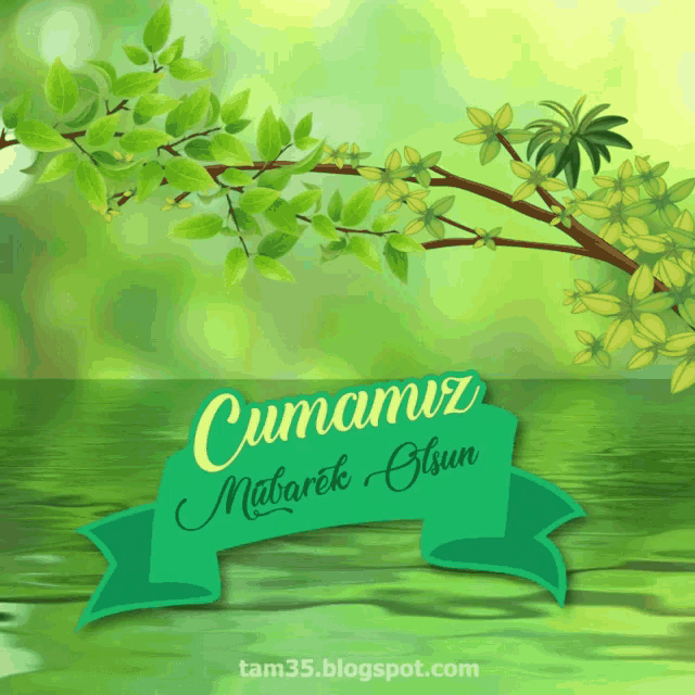 a greeting card with a green ribbon that says cumamiz mabarek olsun