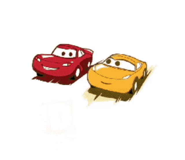 a red car and a yellow car are racing on a white background .