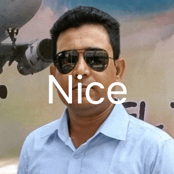 a man wearing sunglasses and a blue shirt with the word nice on his face