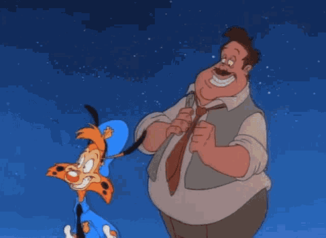 two cartoon characters are standing next to each other and one of them is holding a microphone