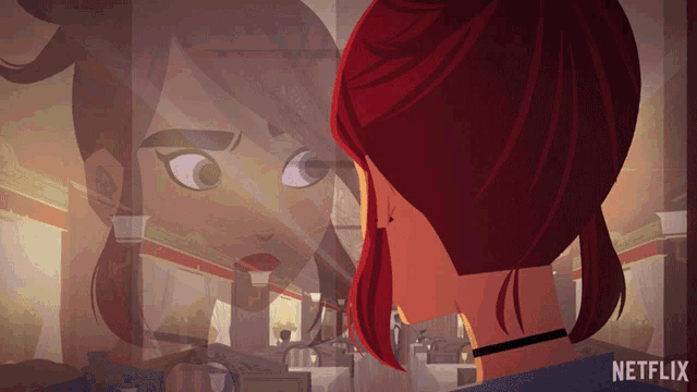 a cartoon of a woman looking at her reflection in a mirror with the word netflix on the bottom