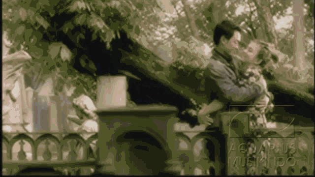a man and woman kissing in front of a sign that says aquarius musicado