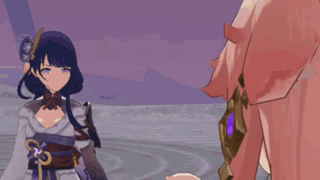 a girl with purple eyes is standing next to a man