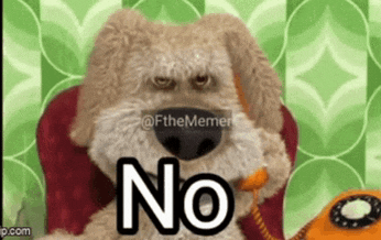 a stuffed dog is sitting in a chair talking on a telephone and saying no