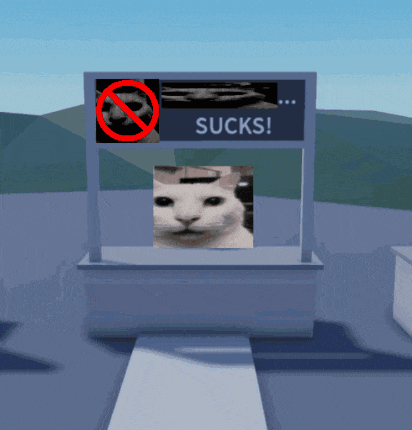 a sign that says sucks on it with a picture of a cat on it