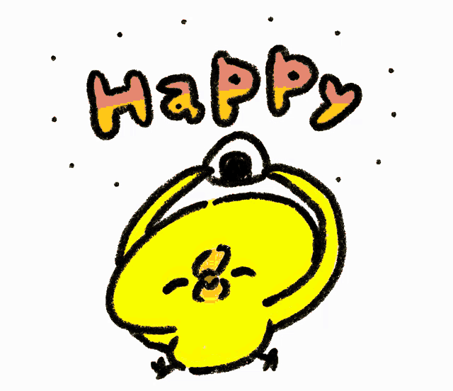 a cartoon drawing of a yellow chicken with the word happy above it