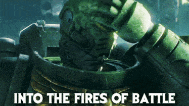 a picture of a soldier with the words into the fires of battle below it