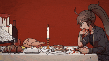 a cartoon of a woman sitting at a table with a candle and a plate of food