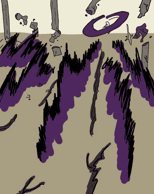 a drawing of purple smoke coming out of the ground with a circle in the middle