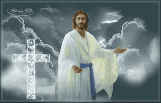 jesus is standing in front of a cross with a blue belt around his waist