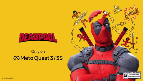 a poster for marvel deadpool vr that is only on meta quest 3 / 3s