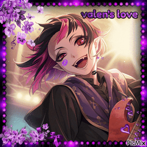 a picture of a vampire with purple hair and the words " valen 's love " at the top