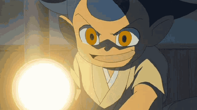 a cartoon character is holding a light and looking at the camera