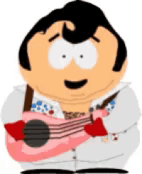 a cartoon character is holding a pink guitar and smiling