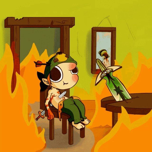 a cartoon drawing of a person sitting in a chair with a sword in front of them