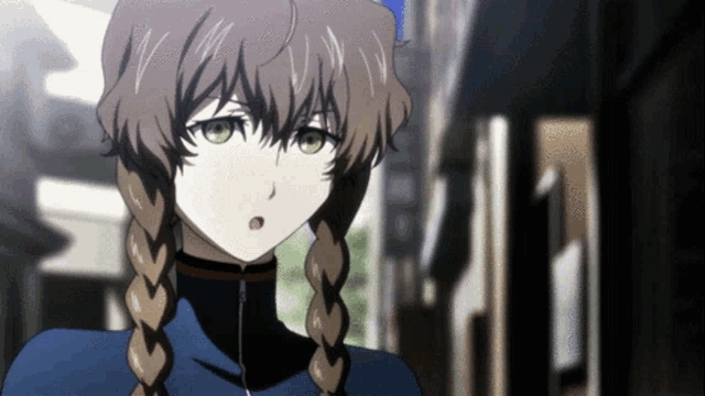 a girl with a braided hair and green eyes is standing in a dark alleyway