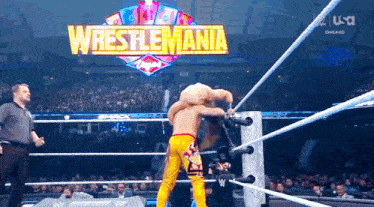 two wrestlers are wrestling in a ring with a sign that says wrestlemania on it