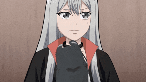 a girl with long white hair is holding a black cat in her hand