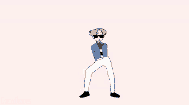 a cartoon of a man wearing sunglasses and a tie standing on one leg