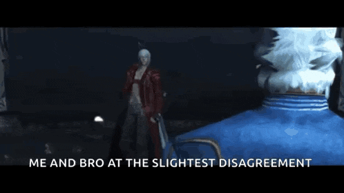 a man in a red coat is standing next to a man in a blue suit .