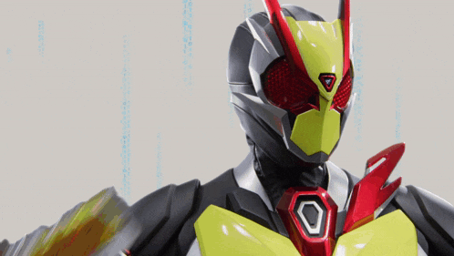 a close up of a robot 's face with a red and yellow helmet