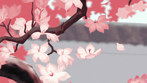 a tree branch with pink flowers and leaves on it