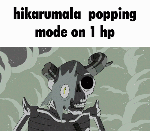 a cartoon of a skeleton with horns and the words hikarumala popping mode on 1 hp below it