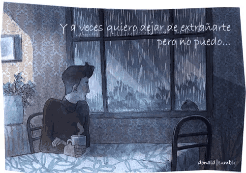 a drawing of a man sitting in front of a window with the words y a veces quiero
