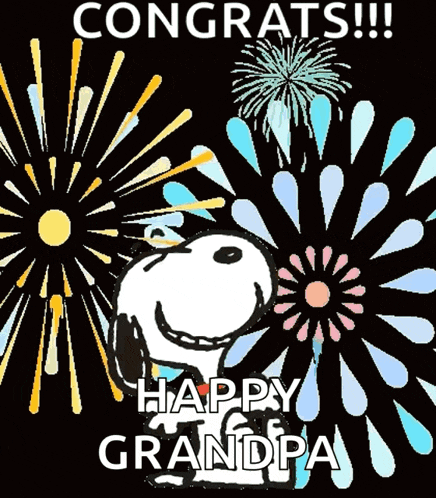 a congratulations card with snoopy and fireworks that says " happy grandpa "